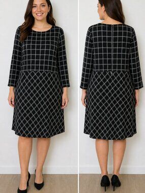 J.Jill Black White Grid Dress Wearever Collection Stretch Midi Size Large